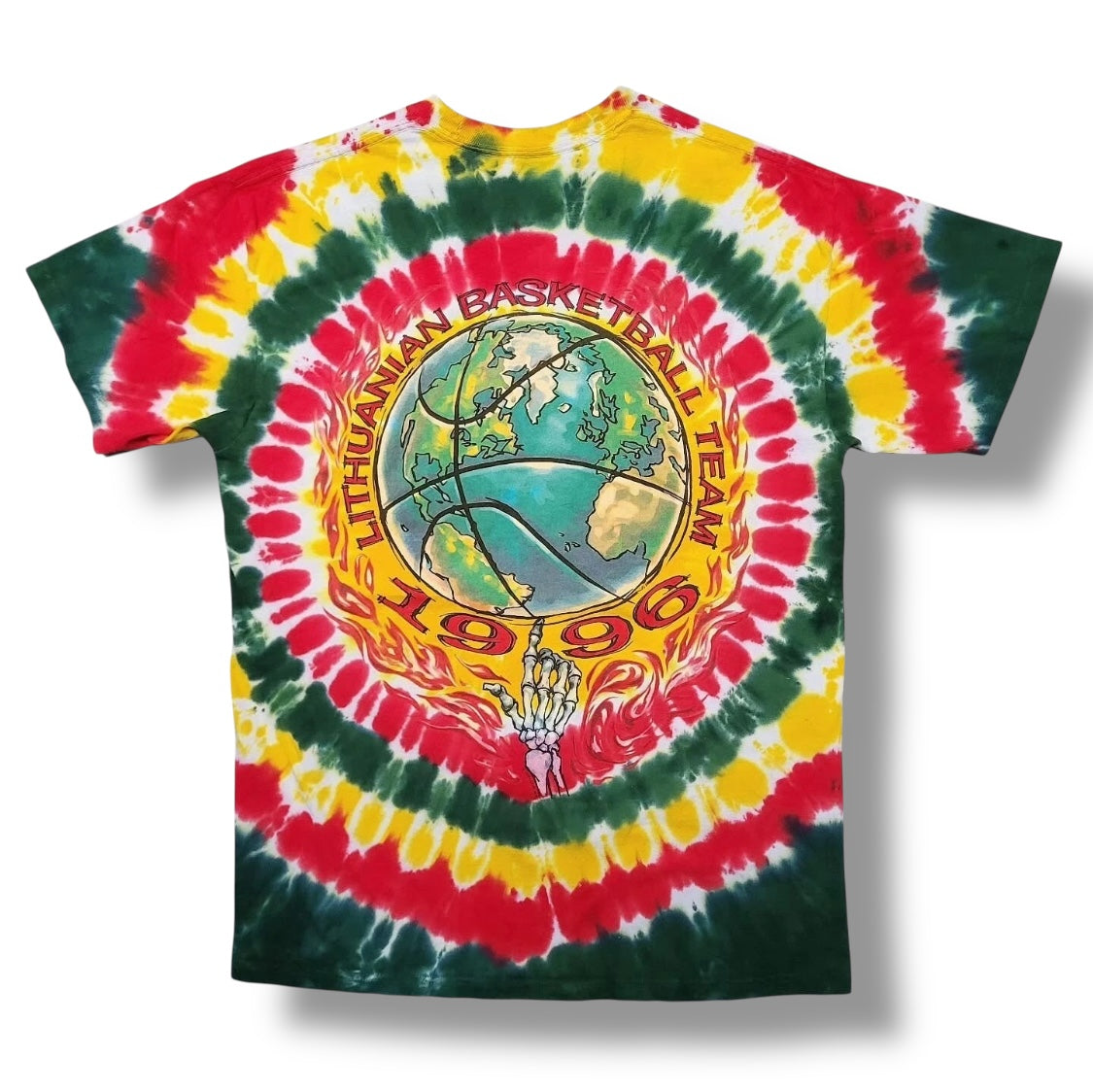VTG 90s Lithuania Basketball Tie Dye Skeleton Tee Grateful Dead Olympic Shirt (faded)