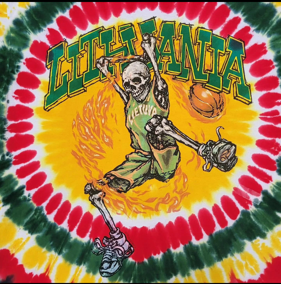 VTG 90s Lithuania Basketball Tie Dye Skeleton Tee Grateful Dead Olympic Shirt (faded)