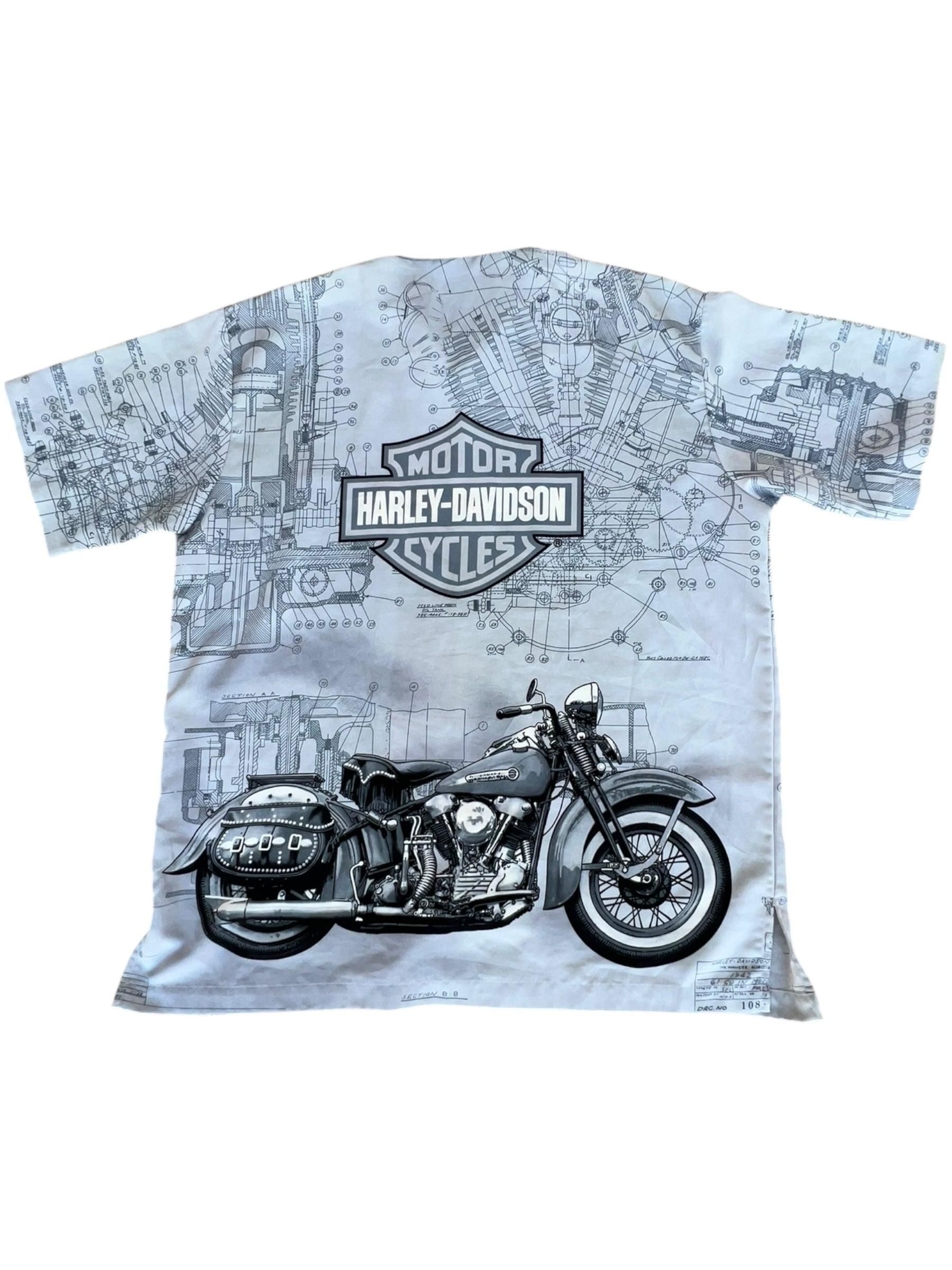 VTG Harley-Davidson Button-Up Camp Shirt (Motorcycle Graphic, Blueprint Print, Black Collar)