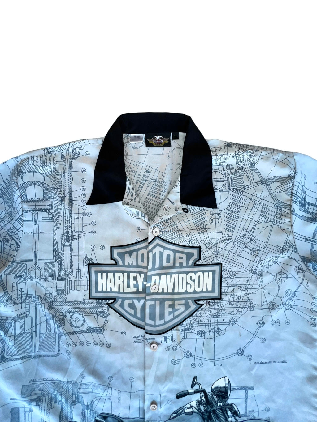 VTG Harley-Davidson Button-Up Camp Shirt (Motorcycle Graphic, Blueprint Print, Black Collar)