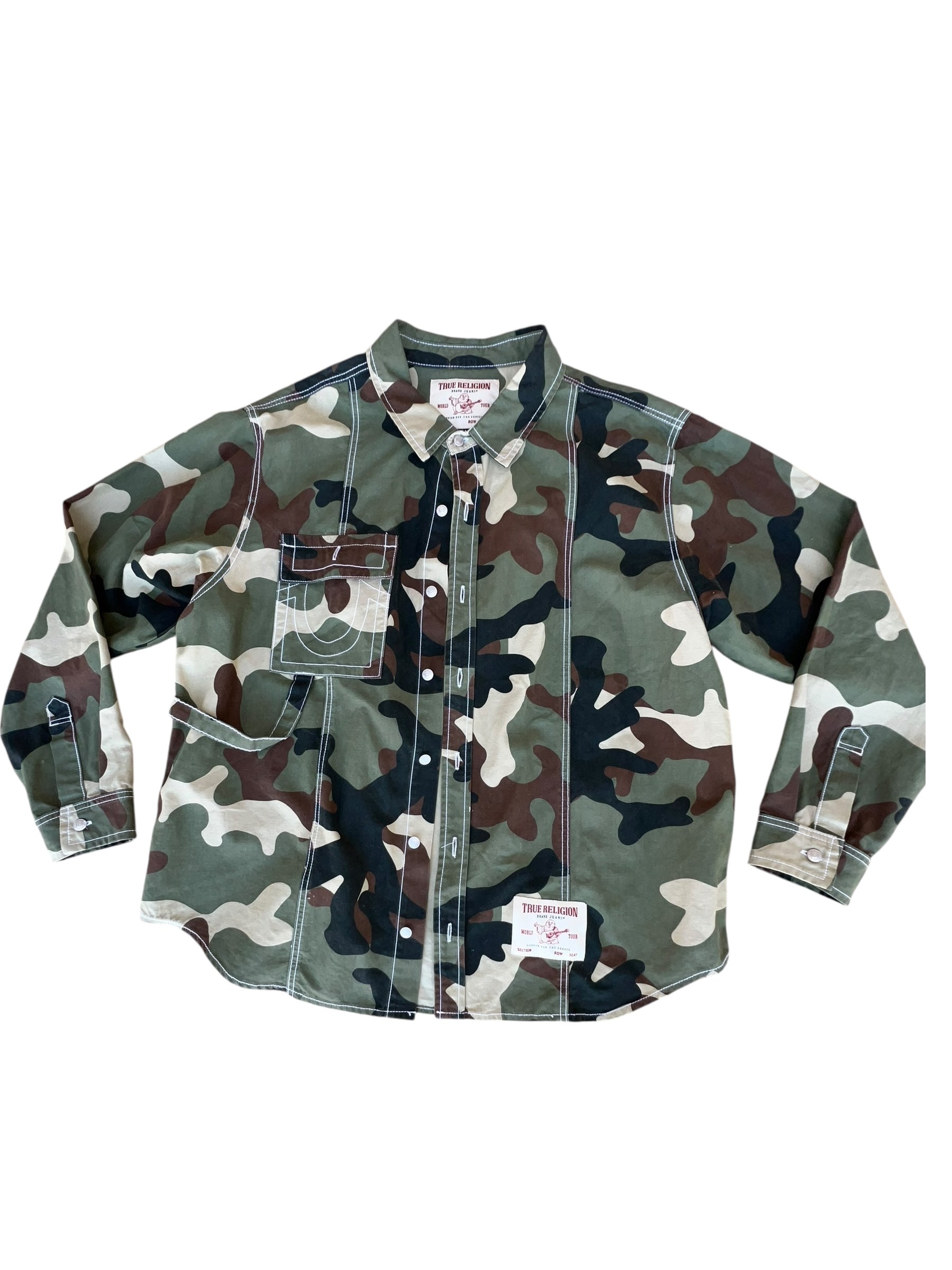 True Religion Camo Button-Up Shirt (Military Green, Contrast Stitching)