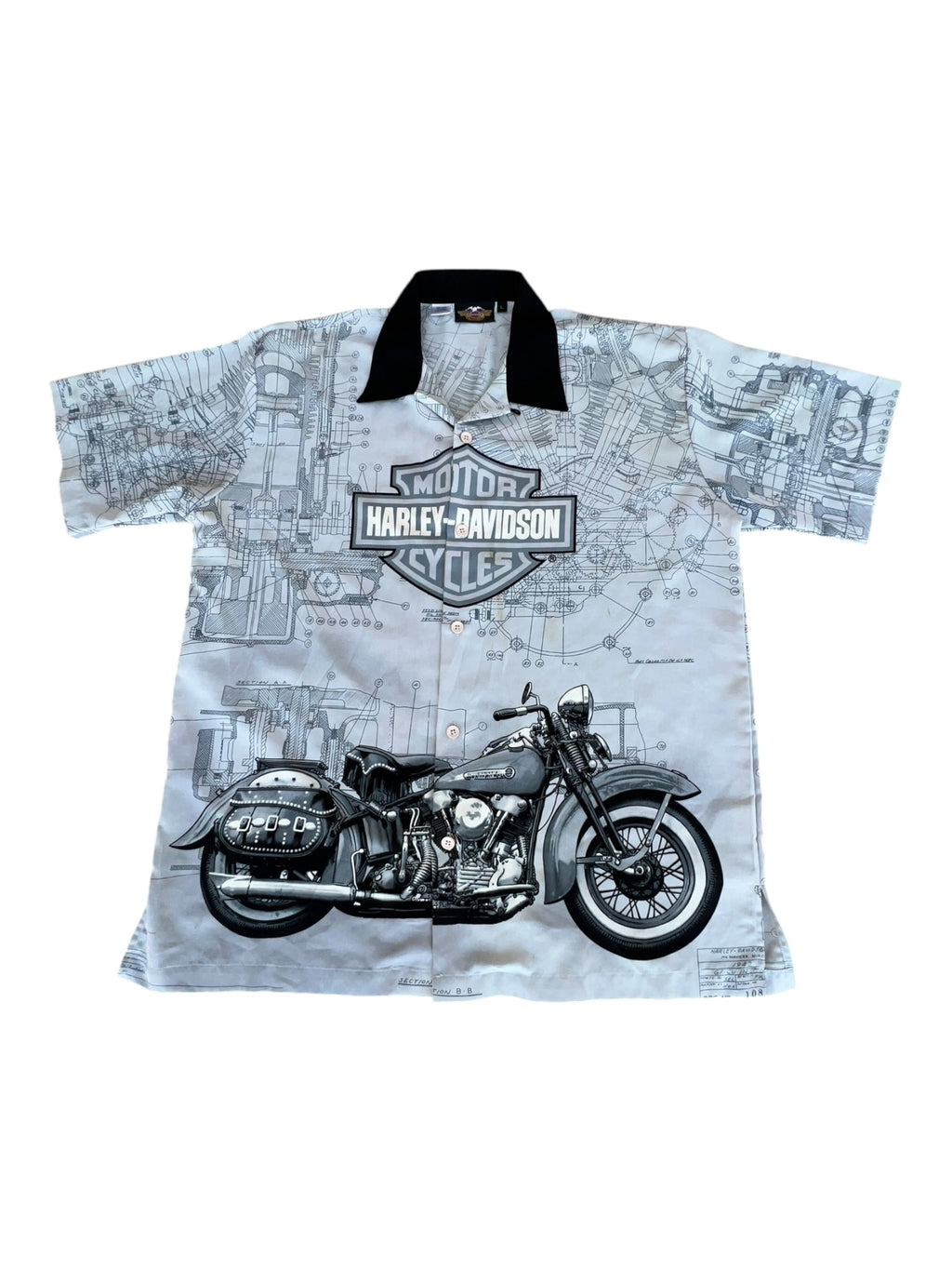 VTG Harley-Davidson Button-Up Camp Shirt (Motorcycle Graphic, Blueprint Print, Black Collar)
