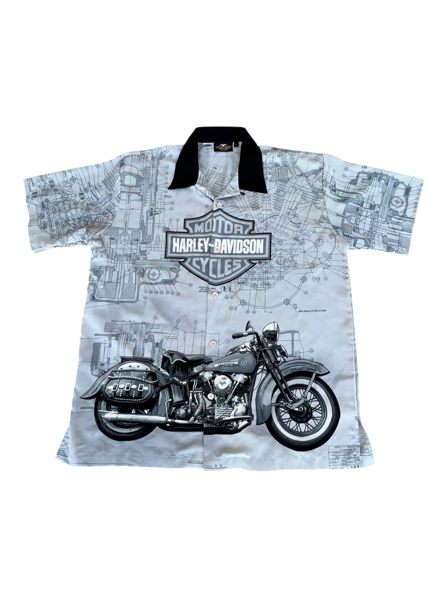 VTG Harley-Davidson Button-Up Camp Shirt (Motorcycle Graphic, Blueprint Print, Black Collar)