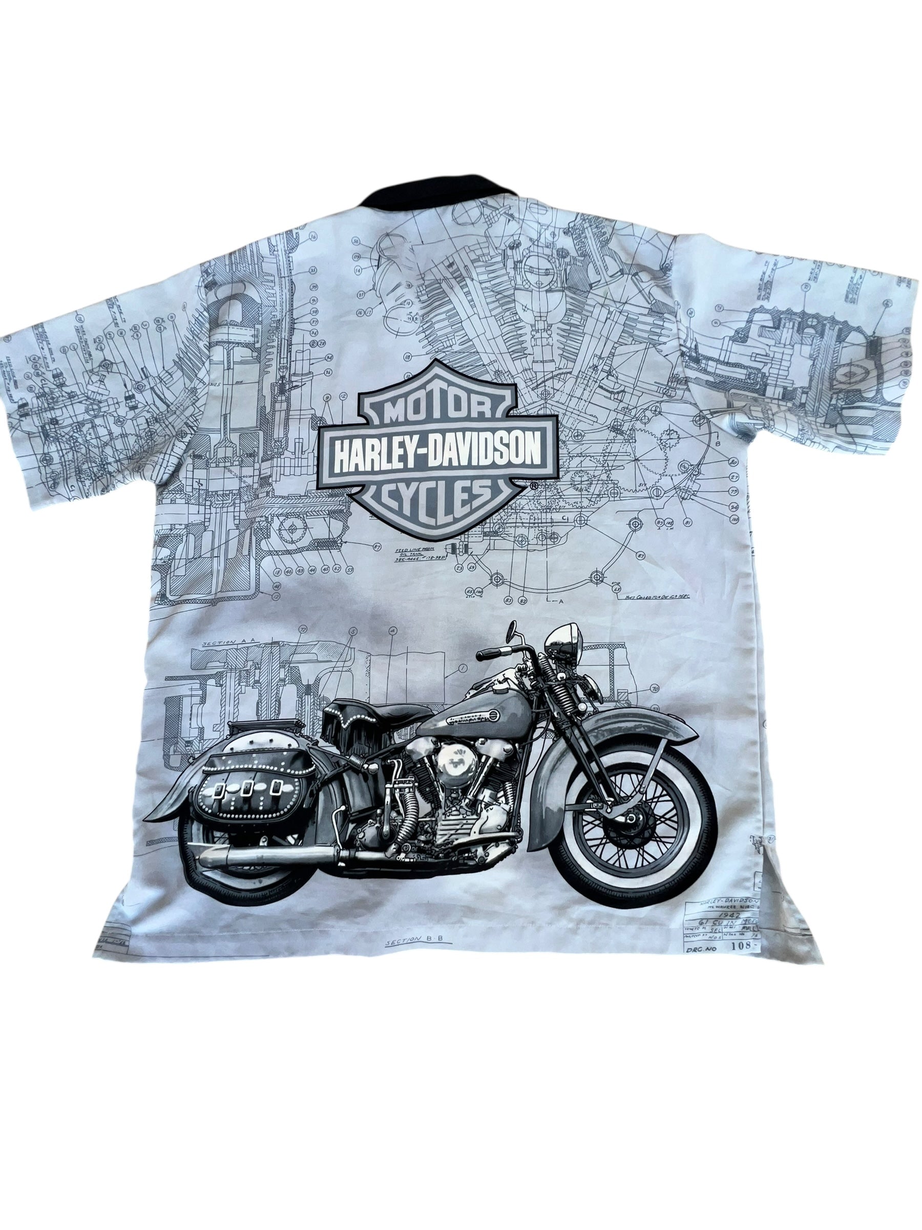 VTG Harley-Davidson Button-Up Camp Shirt (Motorcycle Graphic, Blueprint Print, Black Collar)
