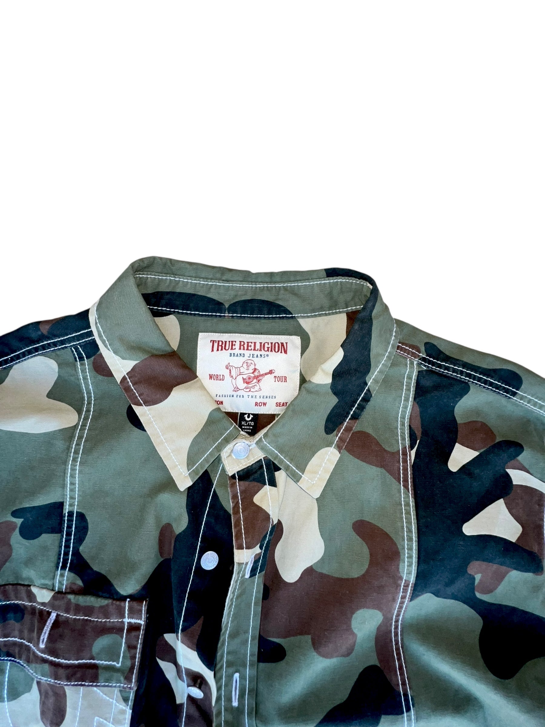 True Religion Camo Button-Up Shirt (Military Green, Contrast Stitching)